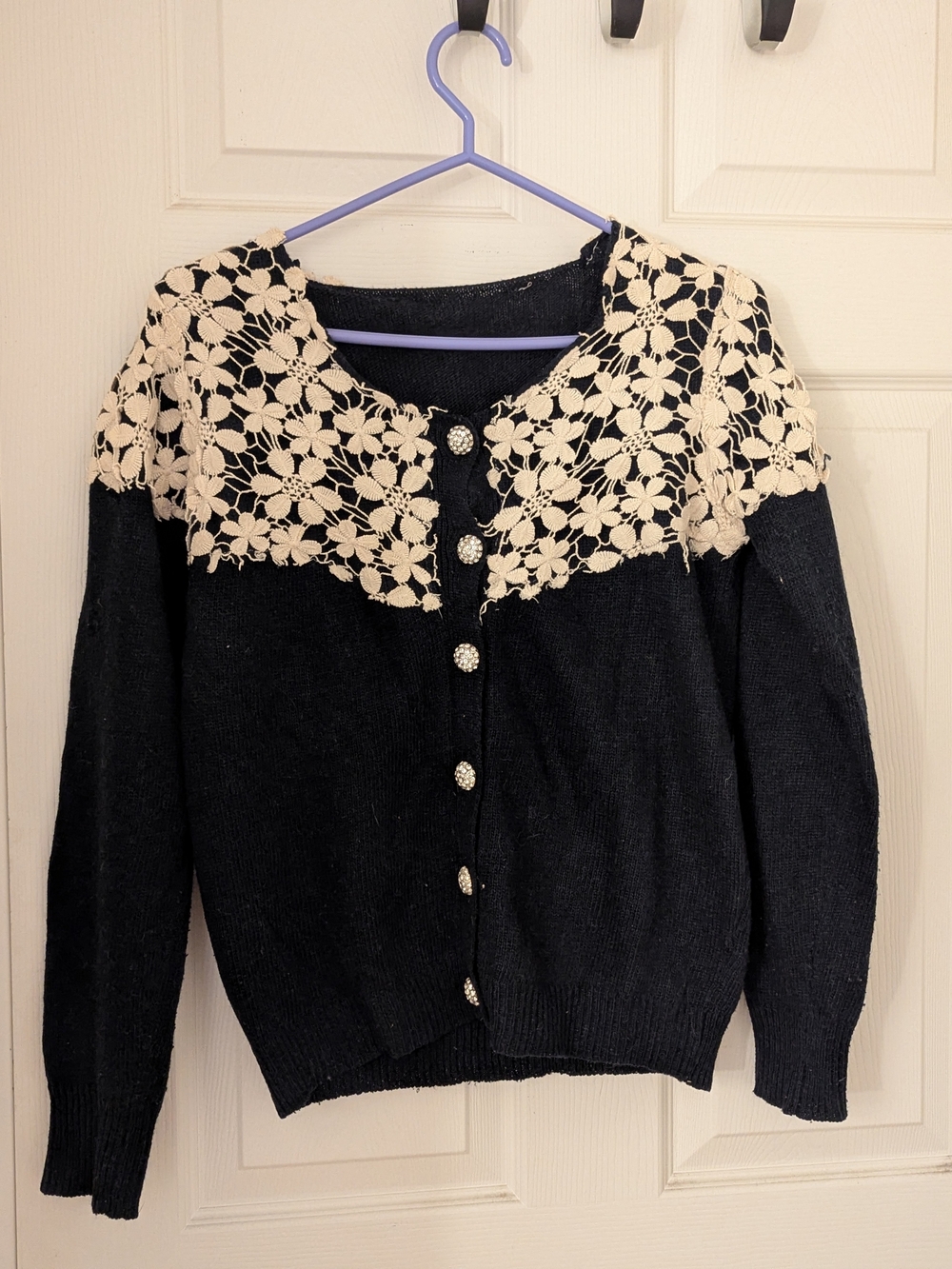 Vintage Inspired Lace Yoke Knit Cardigan With Embellished Buttons